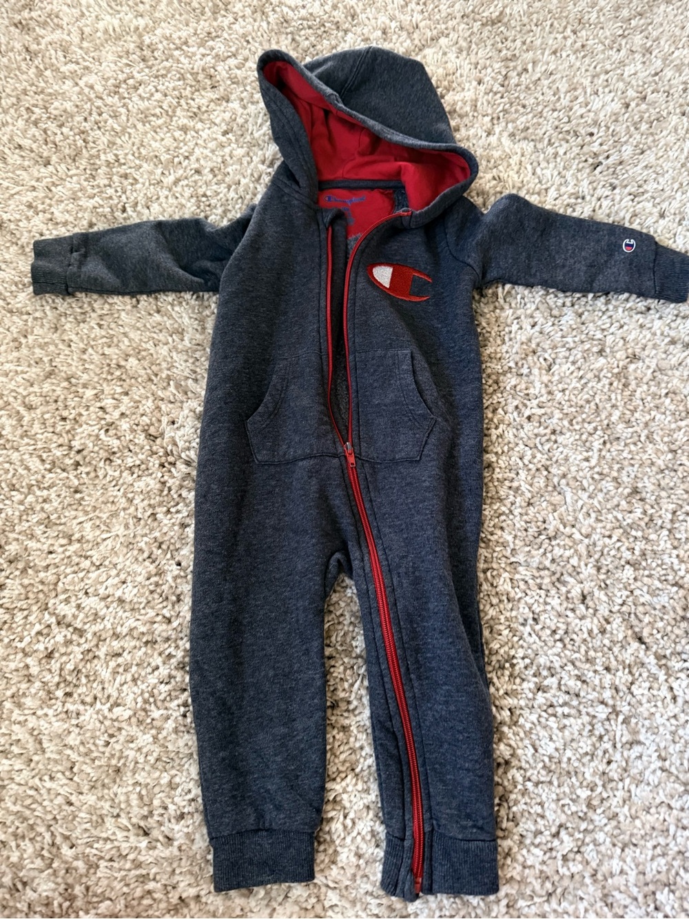 Champion Full Zip Hooded Romper Gray & Red 18M